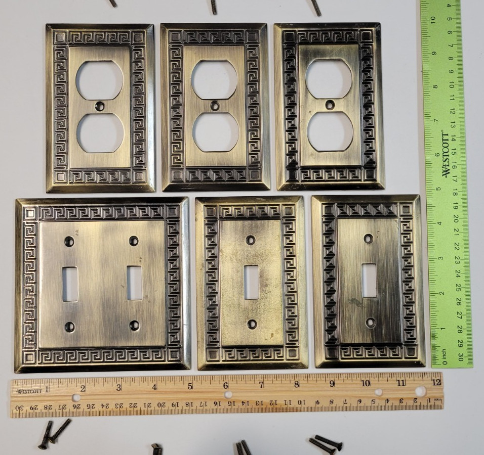 6 LHMC Outlet Switch Antique Brass Metal Covers Wall Plates Greek Key 2005 Lot