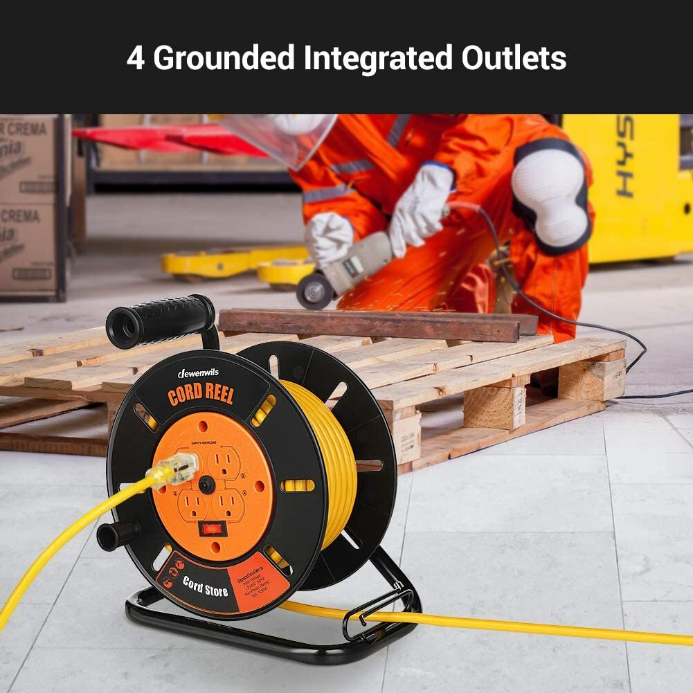 DEWENWILS Extension Cord Storage Reel with 4-Grounded Outlets, Heavy Duty Open
