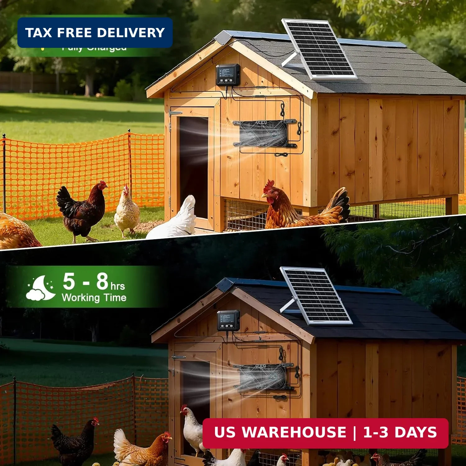 Solar-Powered Chicken Coop Exhaust Fan with Battery & Smart Sensing – 25W Solar