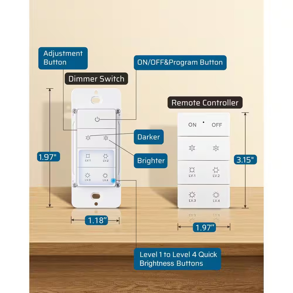 White On/Off 1-Way Adjustable Brightness Button Dimmer Switch for CFL, Halogen,