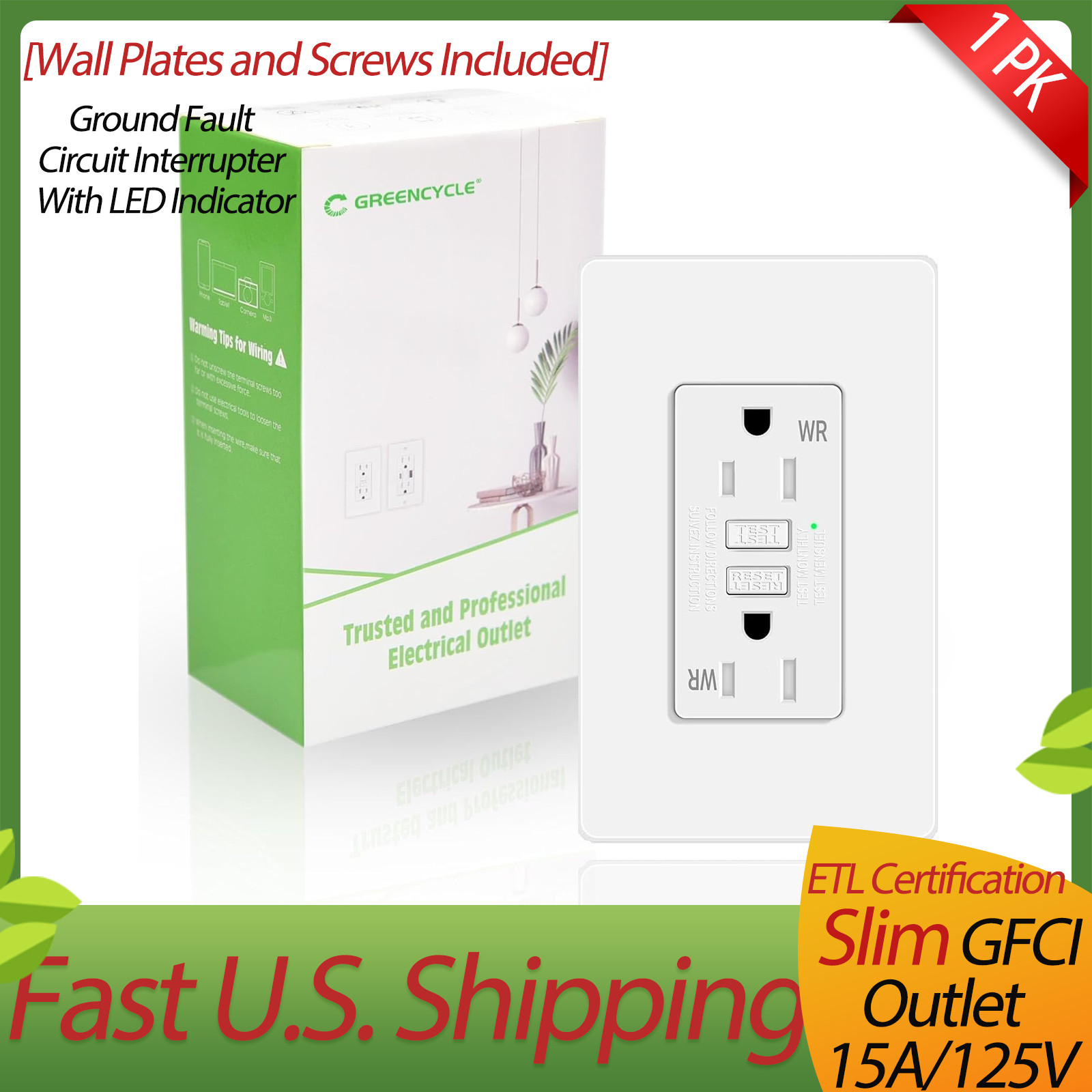 1x Slim GFCI GFI Outlet 15A Tamper Resistan Weatherproof Wall Receptacle Outdoor