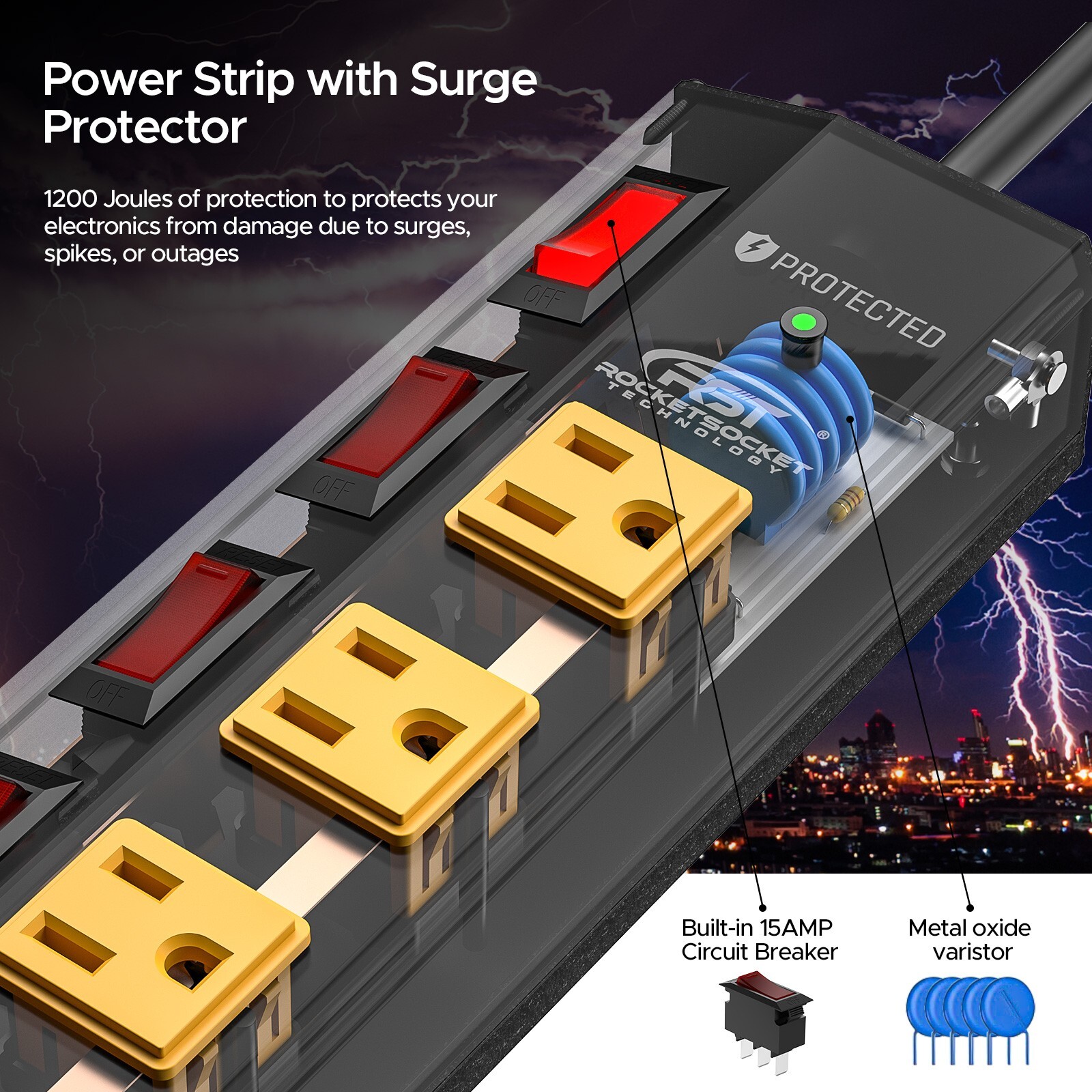 8 Outlet Heavy Duty Power Strip with Individual Switches, 6 FT Cord and Bracket