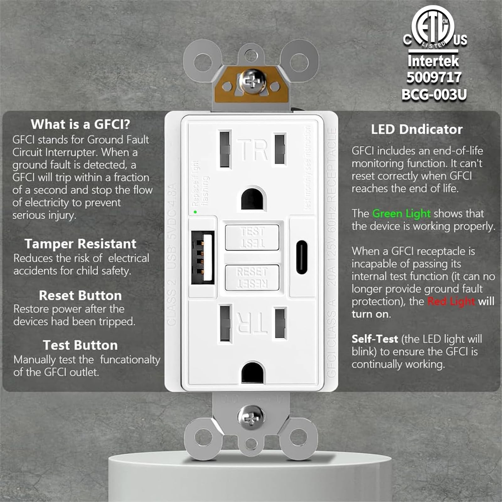 2 PCS GFCI Outlet 15 Amp Charging Power Outlet USB C A Ports SelfTest GFI