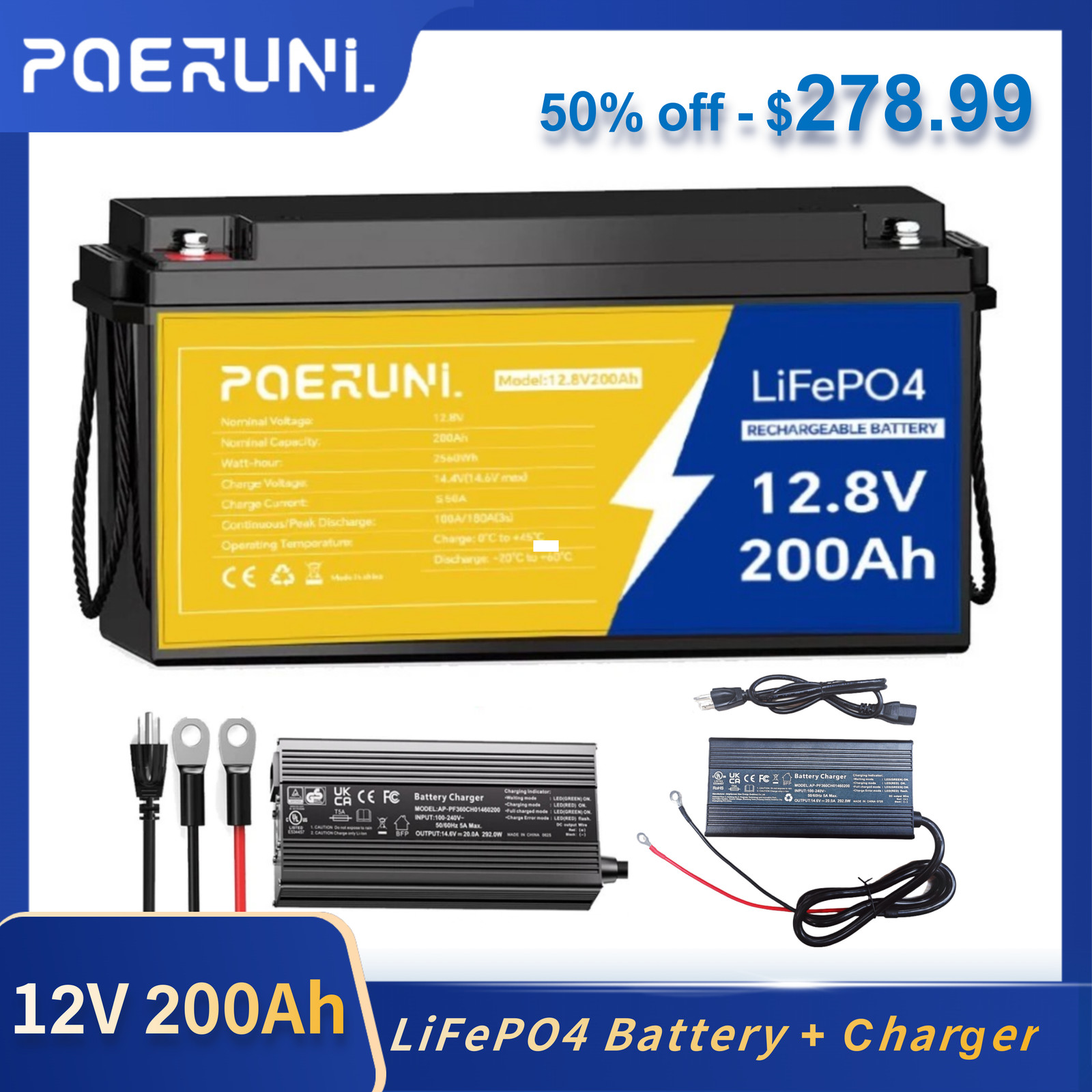 12V 200Ah LiFePO4 Lithium Battery Built-in BMS Deep Cycle whit 14.6V 20A Charger