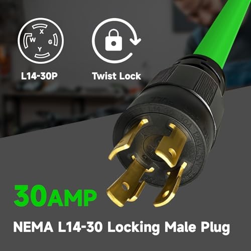25 Ft 30-Amp Generator Extension Cord, 4-Prong 125/250V 7500W NEMA 25ft Green