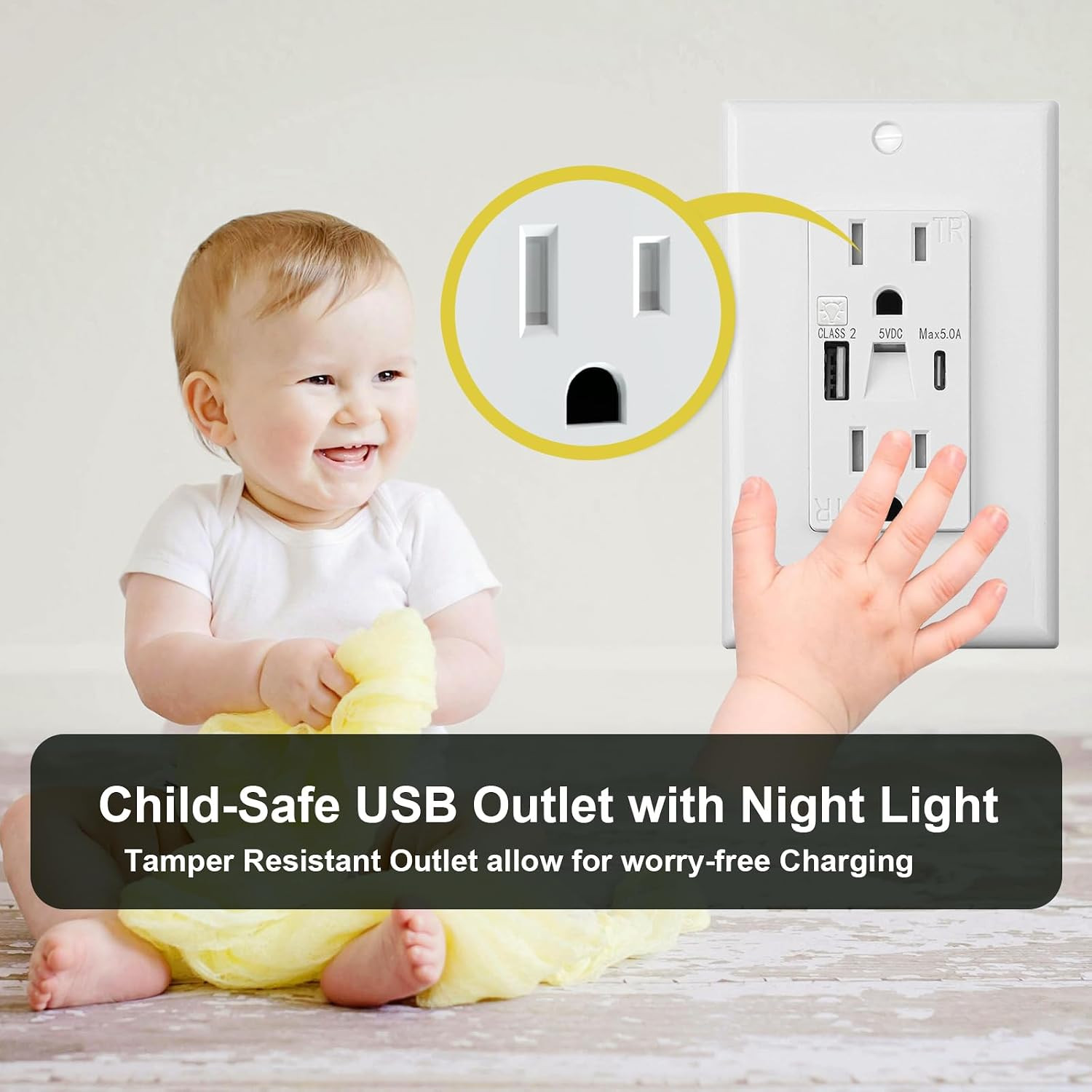 USB Outlet with Light, Modern 15A Standard Outlet with Night Light, USB Type a &