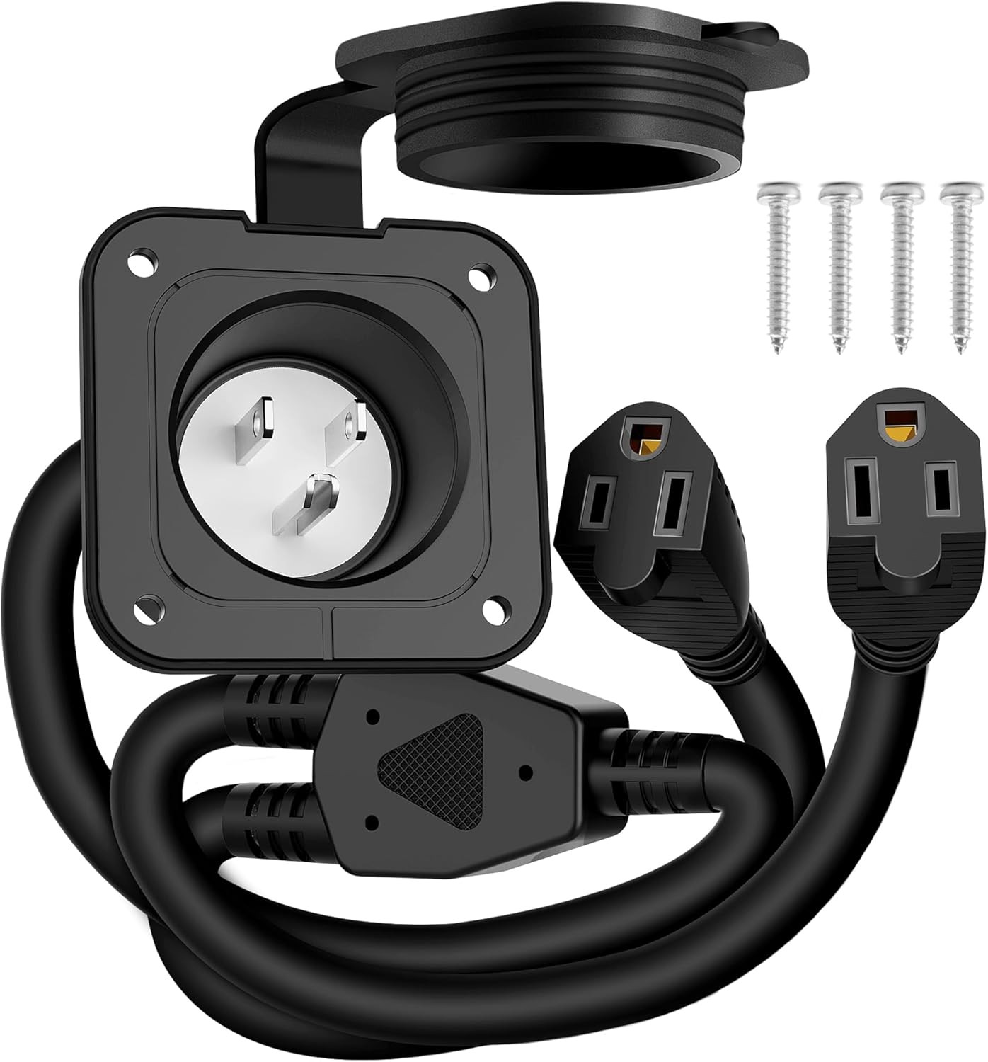15A AC Power Port Plug with Dual 18″ Integrated Cord for RV Camper Caravan 125V