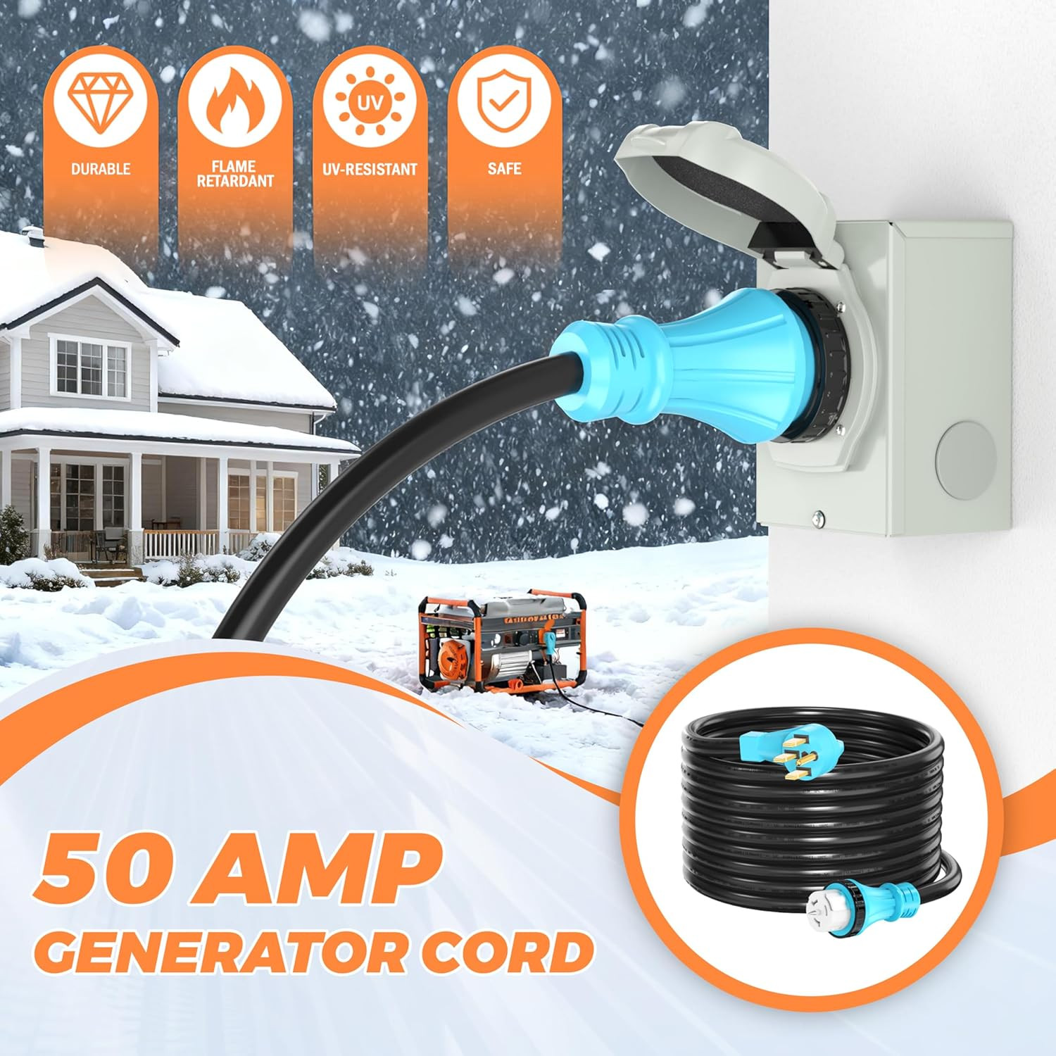 50 Amp Generator Extension Cord 50 Feet NEMA 14-50P Male to SS2-50R & CS6364 STW