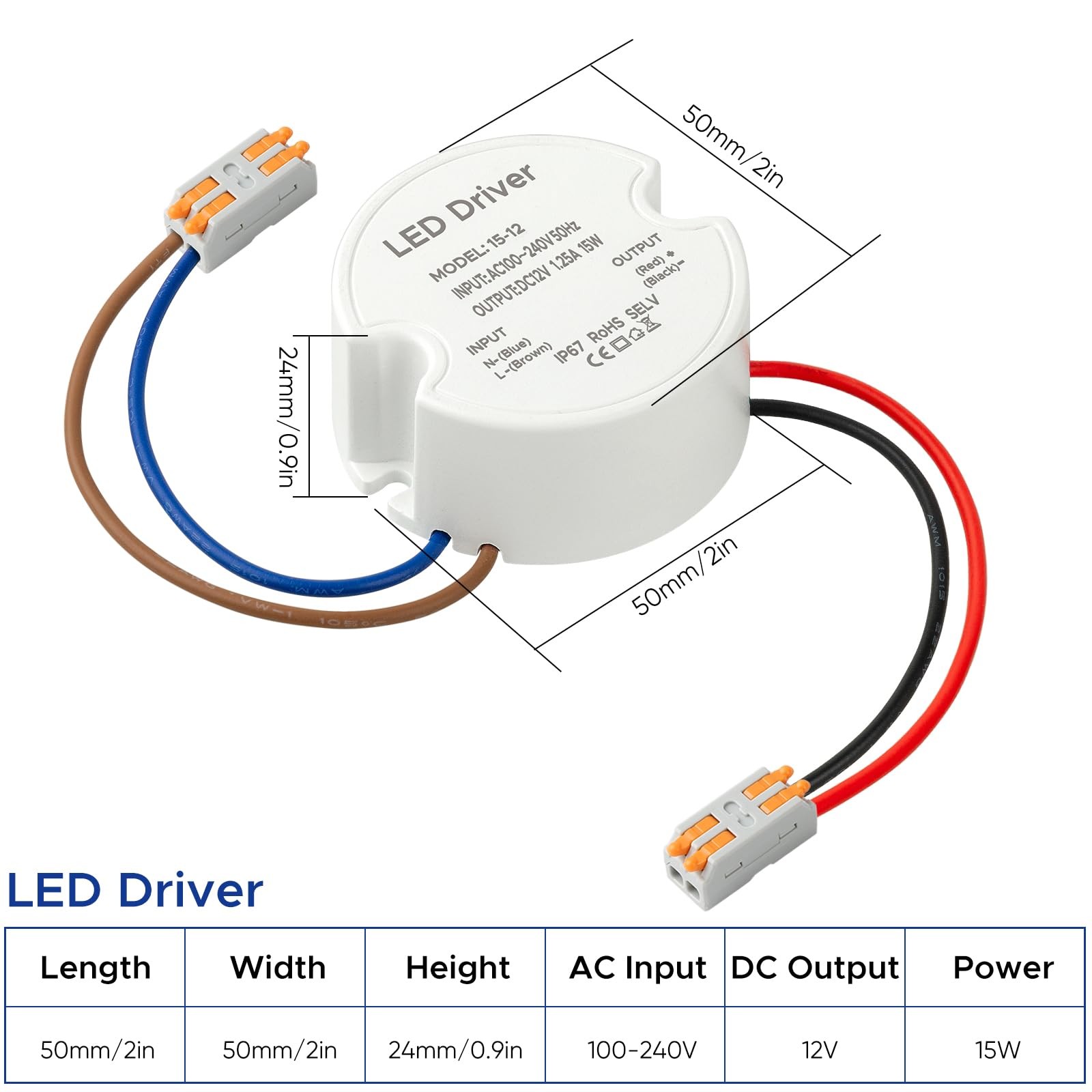 LED Driver 15 Watts Waterproof IP67, Power Supply 12V 1.25A, Round LED…