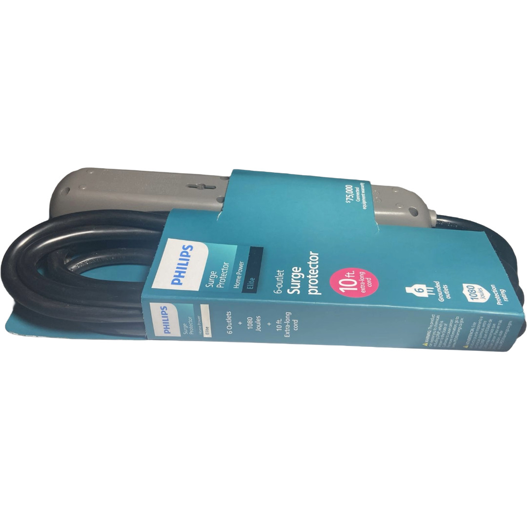 Philips 6 Outlet Surge Protector Power Strip 1080J 10FT Cord Black SPP6110BC