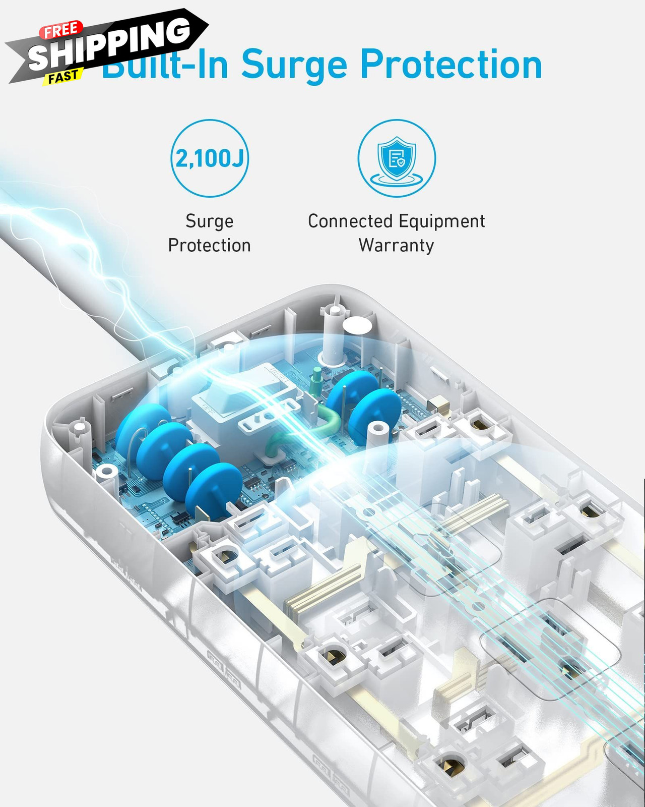 Anker Power Strip with 2100J Surge Protector, Outlet Extender, 5 FT, White