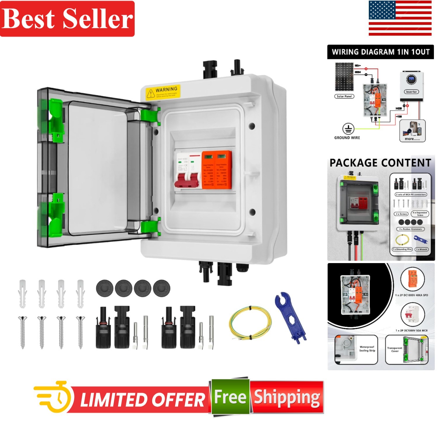 Solar Combiner Box 1-In-1-Out 50A Circuit Breaker Surge Protector