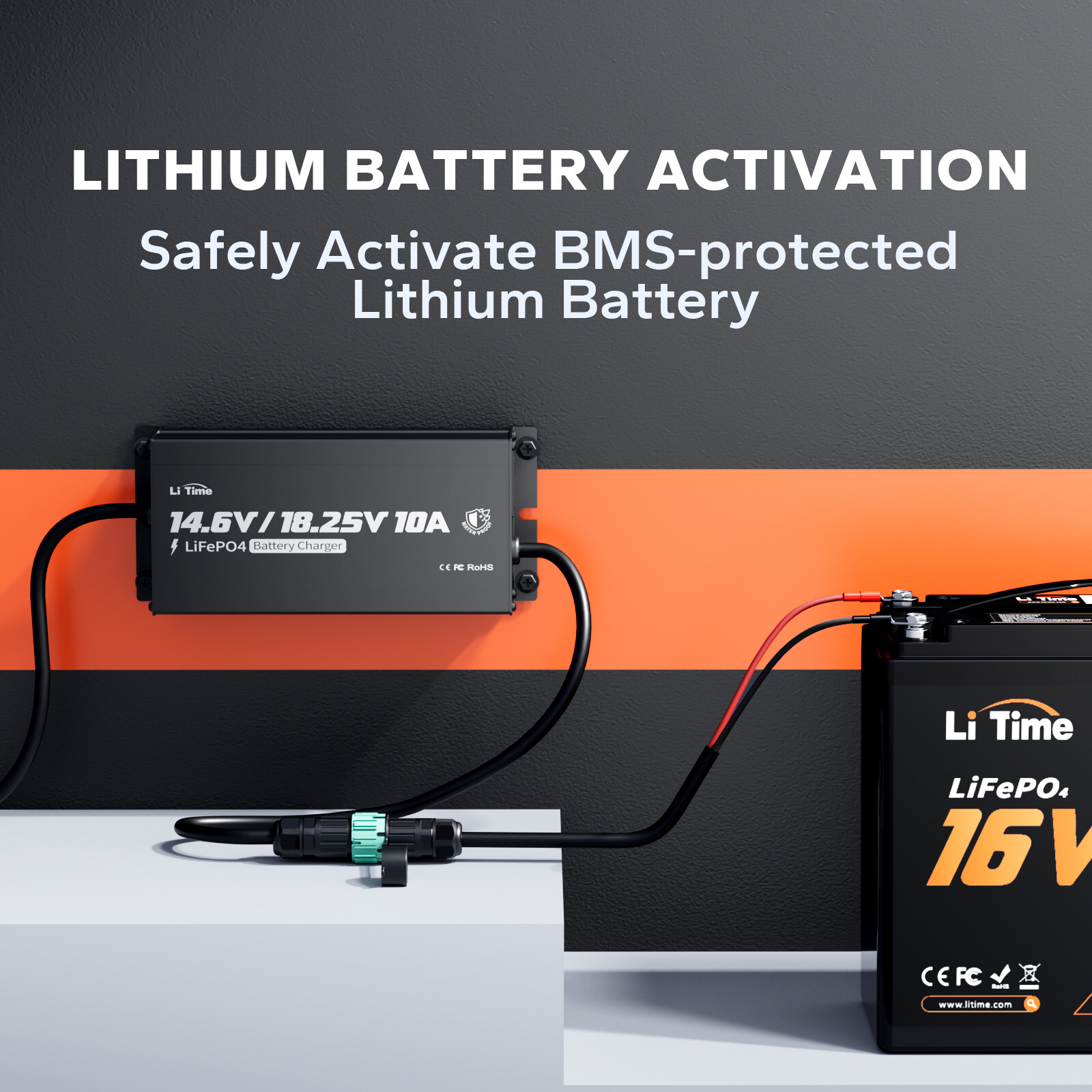 LiTime 12V(14.6V)&16V(18.25V) 10A Smart Charger for LiFePO4 Lithium Battery IP65