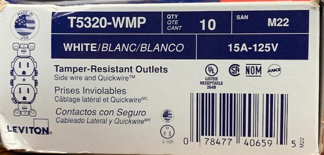 Open Box – Leviton Plus Tamper Resistant Outlets 10 Pack 15A/125V WhiteT5320-WMP