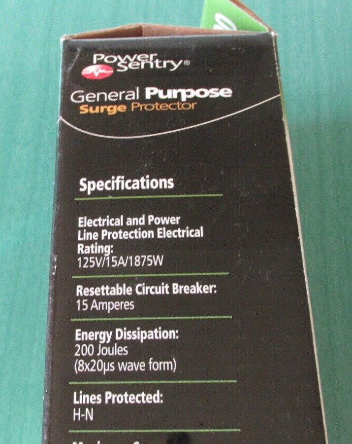 Power Sentry GENERAL PURPOSE SURGE PROTECTOR – 2 pack – 6 outlets @ – 200 Joules