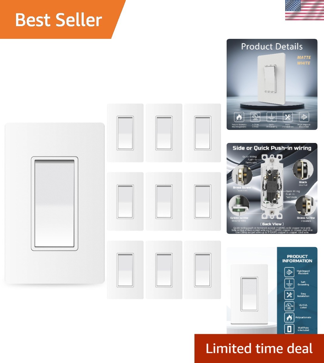 Matte White 3-Way Switch Set, 15A 120/277V, Durable & Easy to Install, 10 Pack