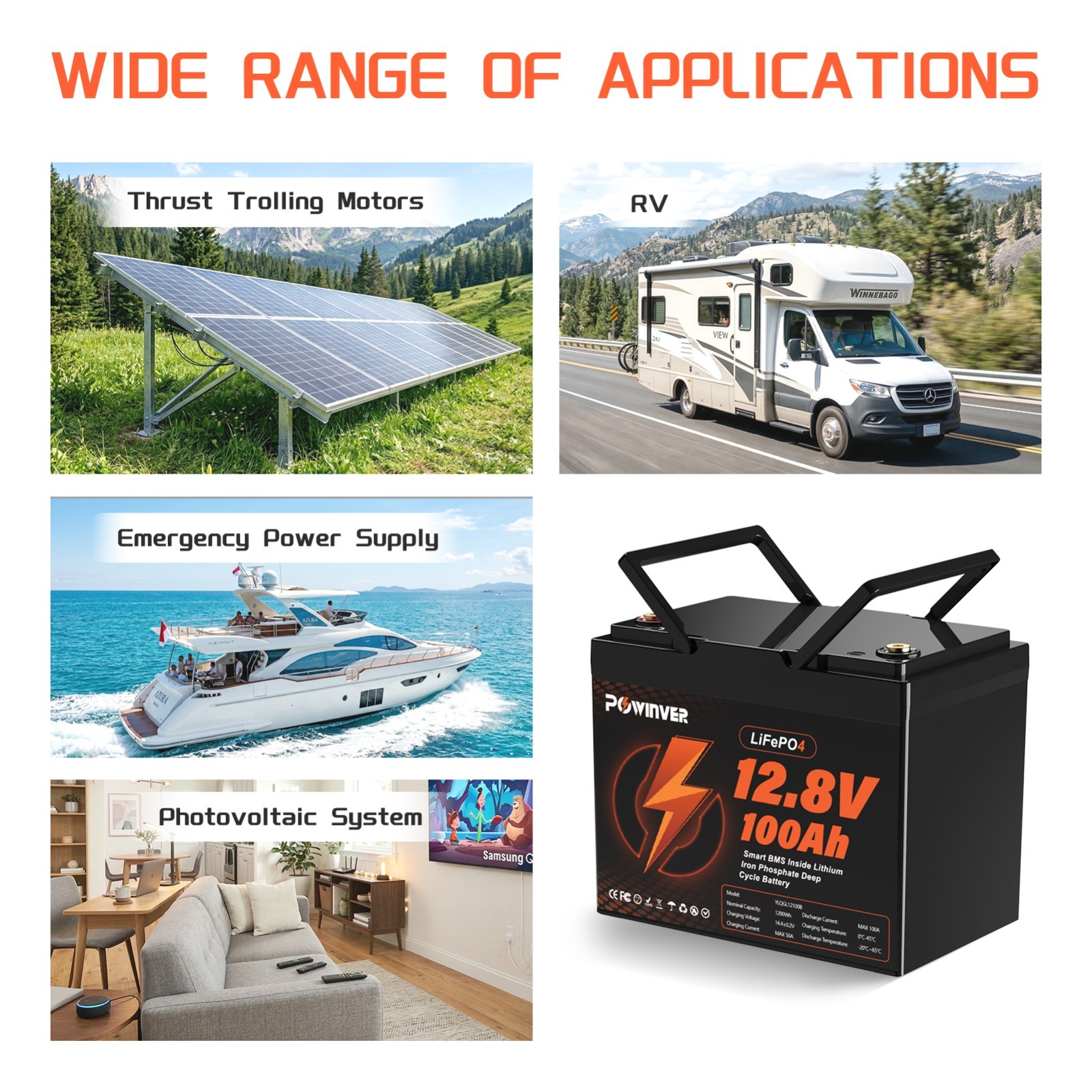 12V 100Ah LiFePO4 Lithium Battery Cycle Deep Built-in BMS for Solar RV Off-grid