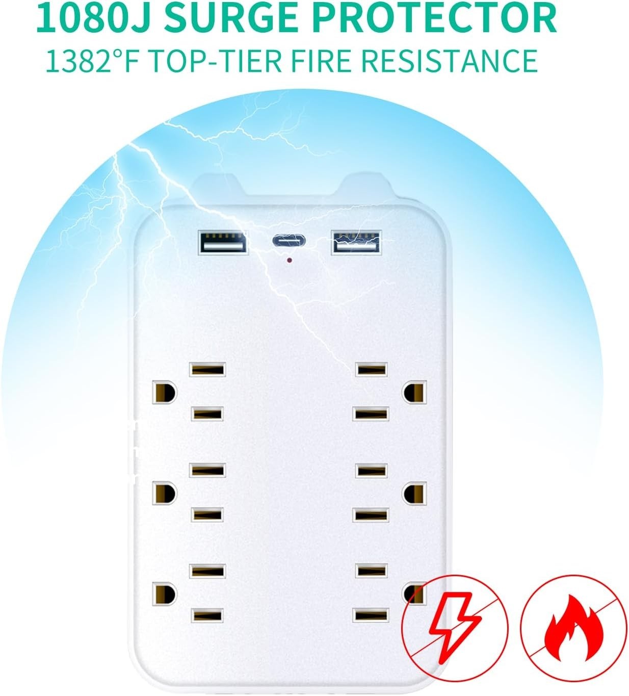 6 Outlet Extender Surge Protector Multi Plug Wall Adapter USB C Charger Ports