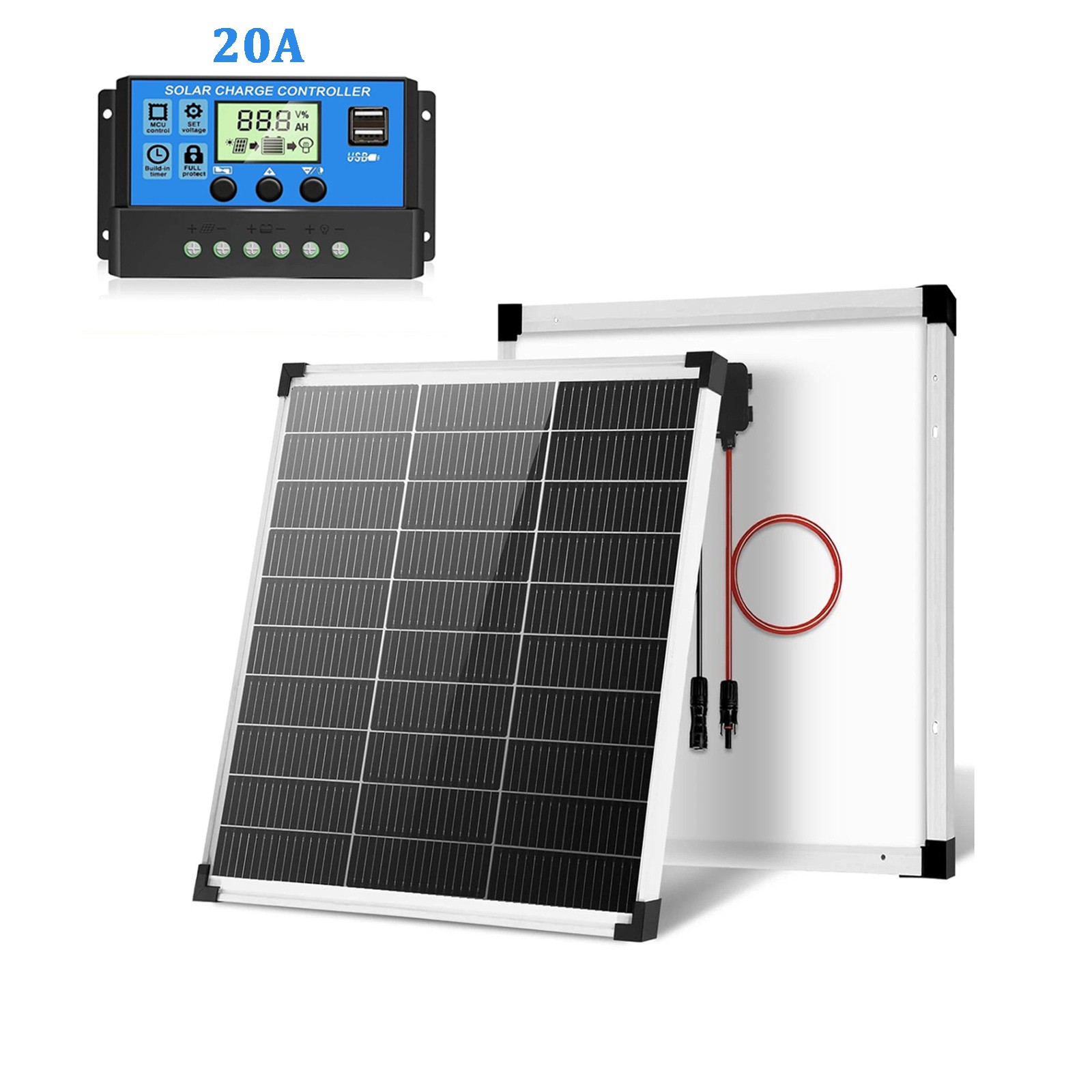 50W Solar Panel Controller Kit 12V Mono Off-Grid Battery Home RV Camping Boat