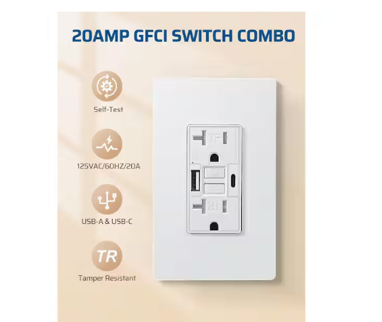 DEWENWILS 20A Tamper Resistant GFCI Outlet w/ USB-A & USB-C Duplex Receptacle