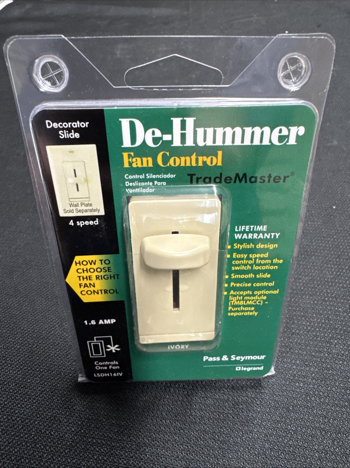 LSDH16IV Pass & Seymour Slide Fan Control 4-Speed Dehummer 1.6A Ivory Legrand