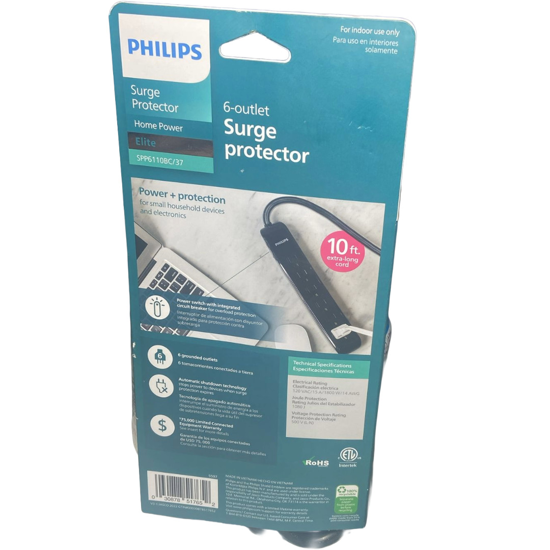 Philips 6 Outlet Surge Protector Power Strip 1080J 10FT Cord Black SPP6110BC