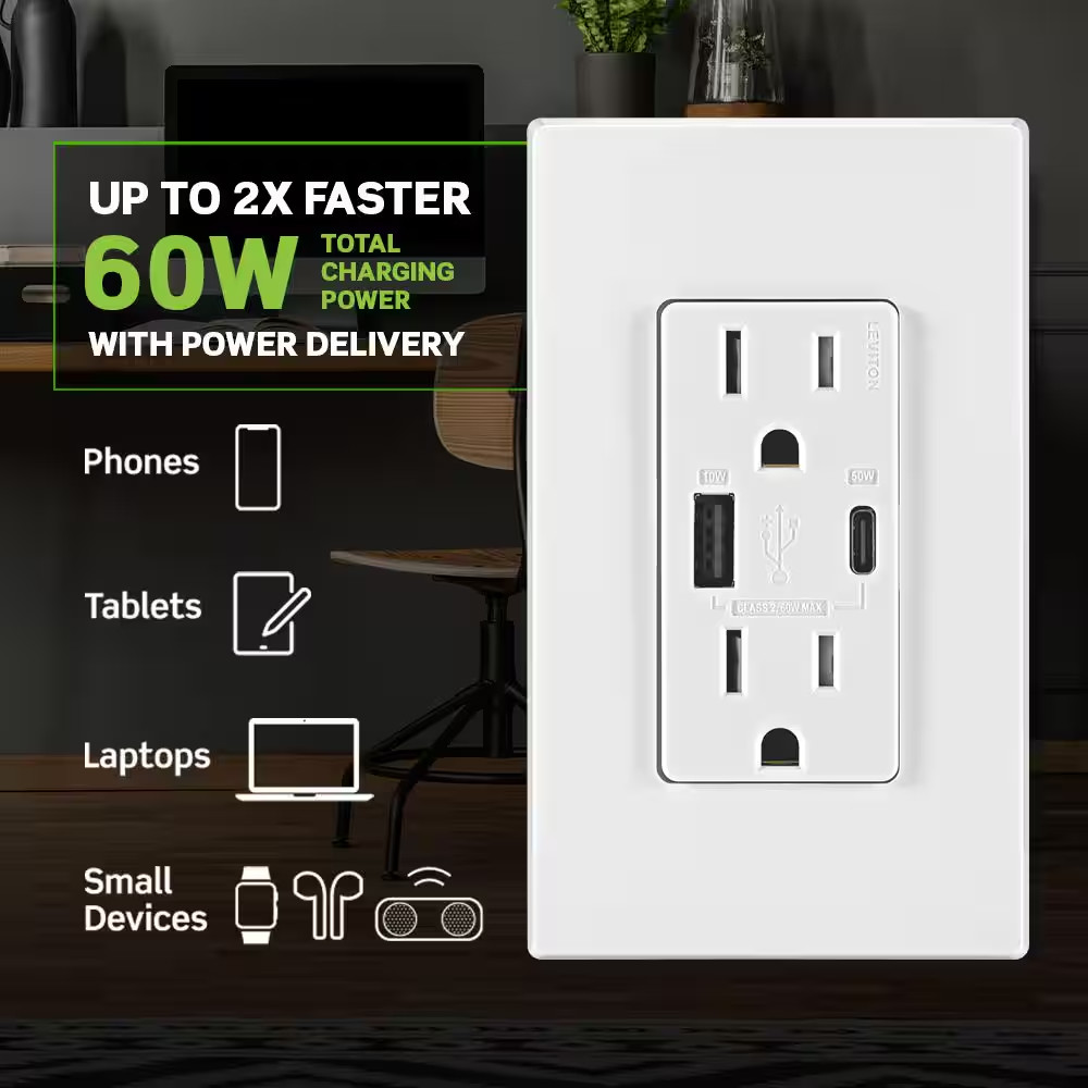 Leviton USB Wall Outlet Charger 60W USB C USB A Power Delivery Duplex Receptacle