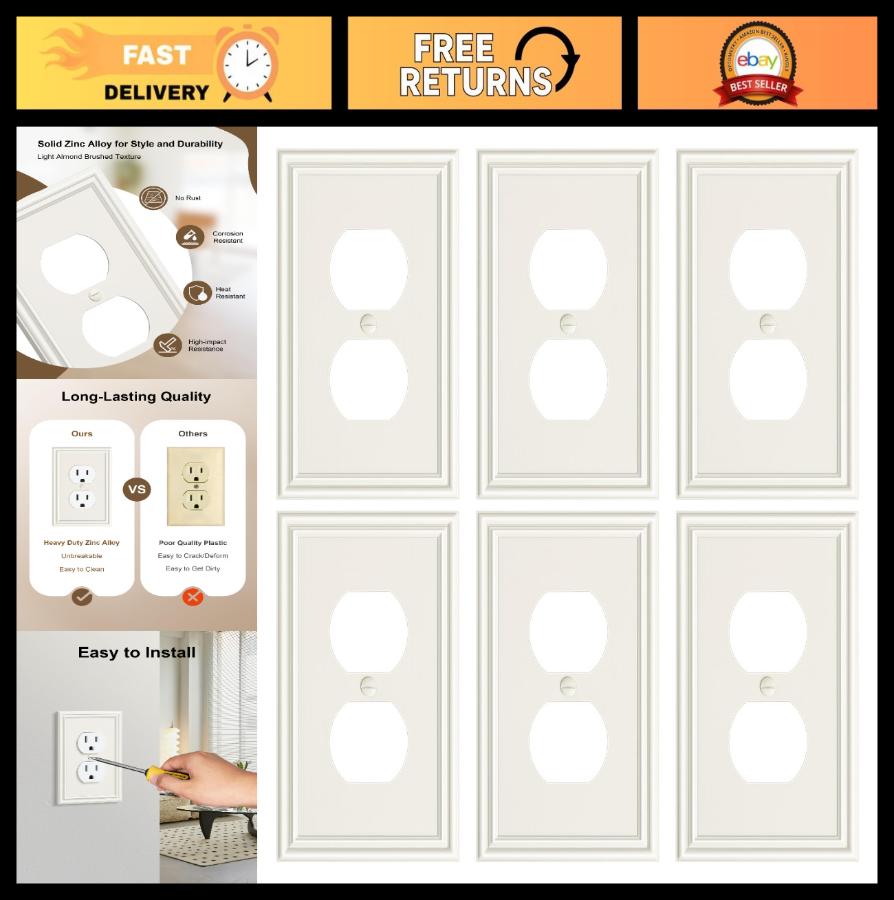 6-Pack Decorative Duplex Outlet Covers, Durable Zinc Alloy Light Almond Plates,