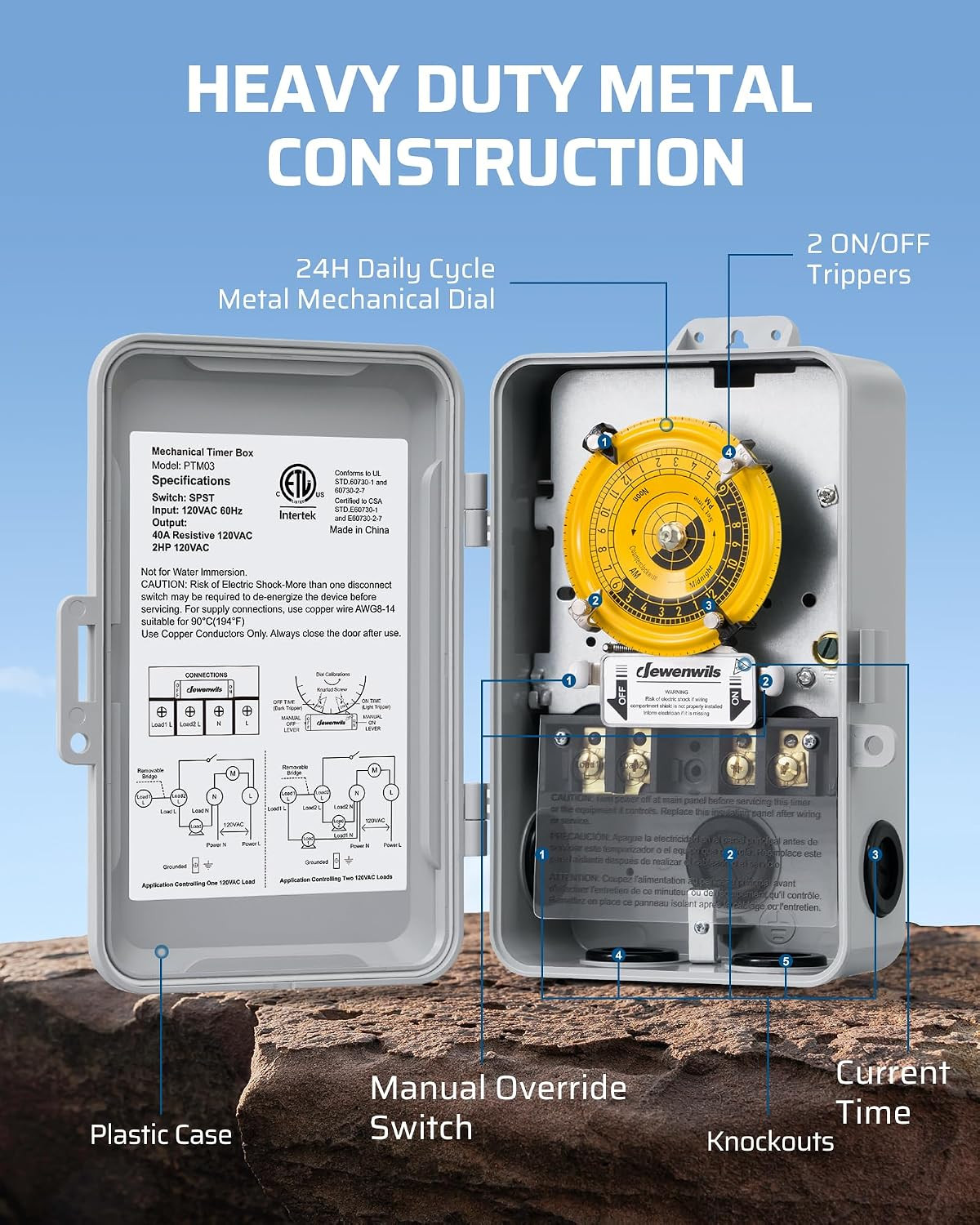 24-Hour Mechanical Timer Switch – 120VAC SPST, 2HP 40A, Heavy Duty, Manual Overr