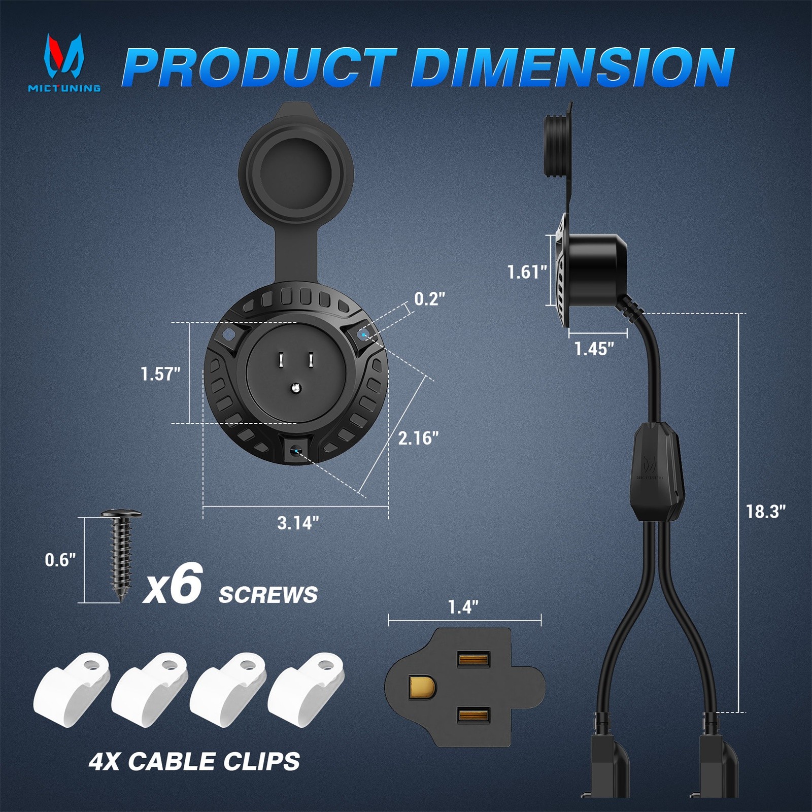 MICTUNING 15 Amp 125V RV Shore Power Inlet Kit w/ Two 20-Inch Heavy Duty Cables