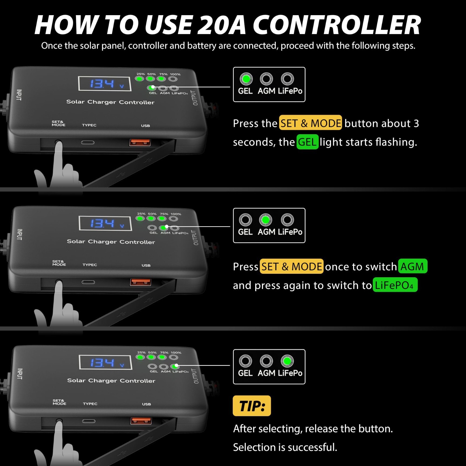 12V 20A Solar Charge Controller, Type-C & USB Output for Gel, AGM, LiFePO₄ Batte