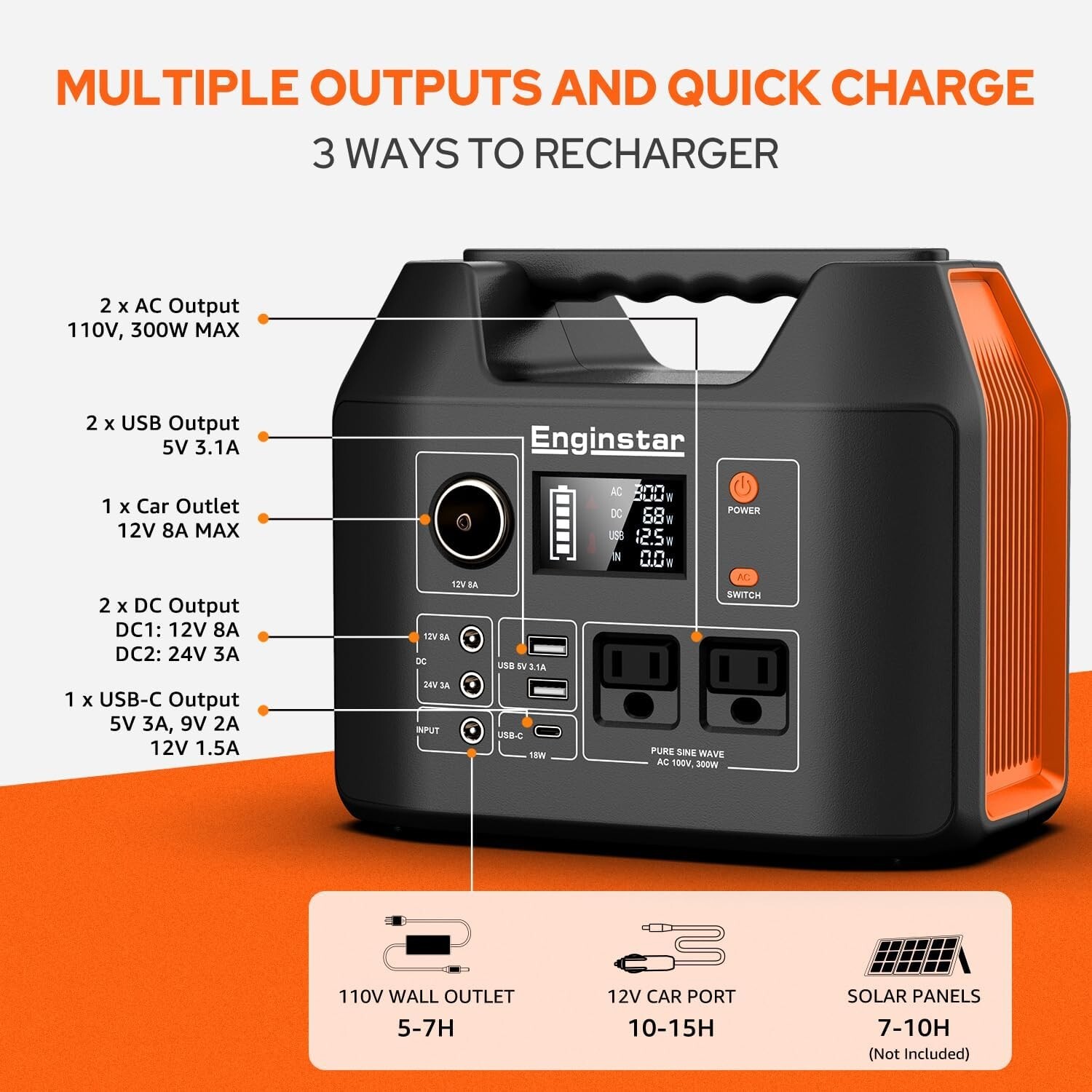 300W 296Wh Battery Bank with 110V Pure Sine Wave AC Outlet for Outdoors Camping