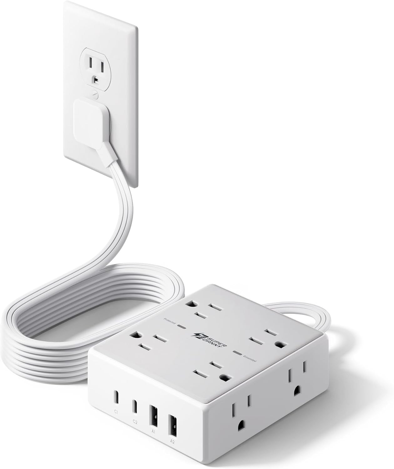 10Ft Extension Cord with Multiple Outlets, Flat Plug Surge Protector Power Strip