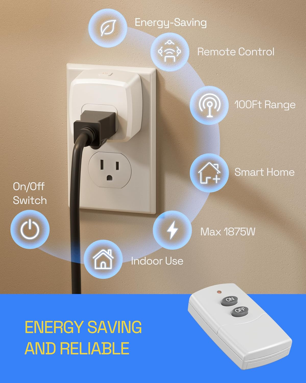 HBN Remote Control Outlet Plug Remote Switch Outlet with 100FT RF Signal Wireles