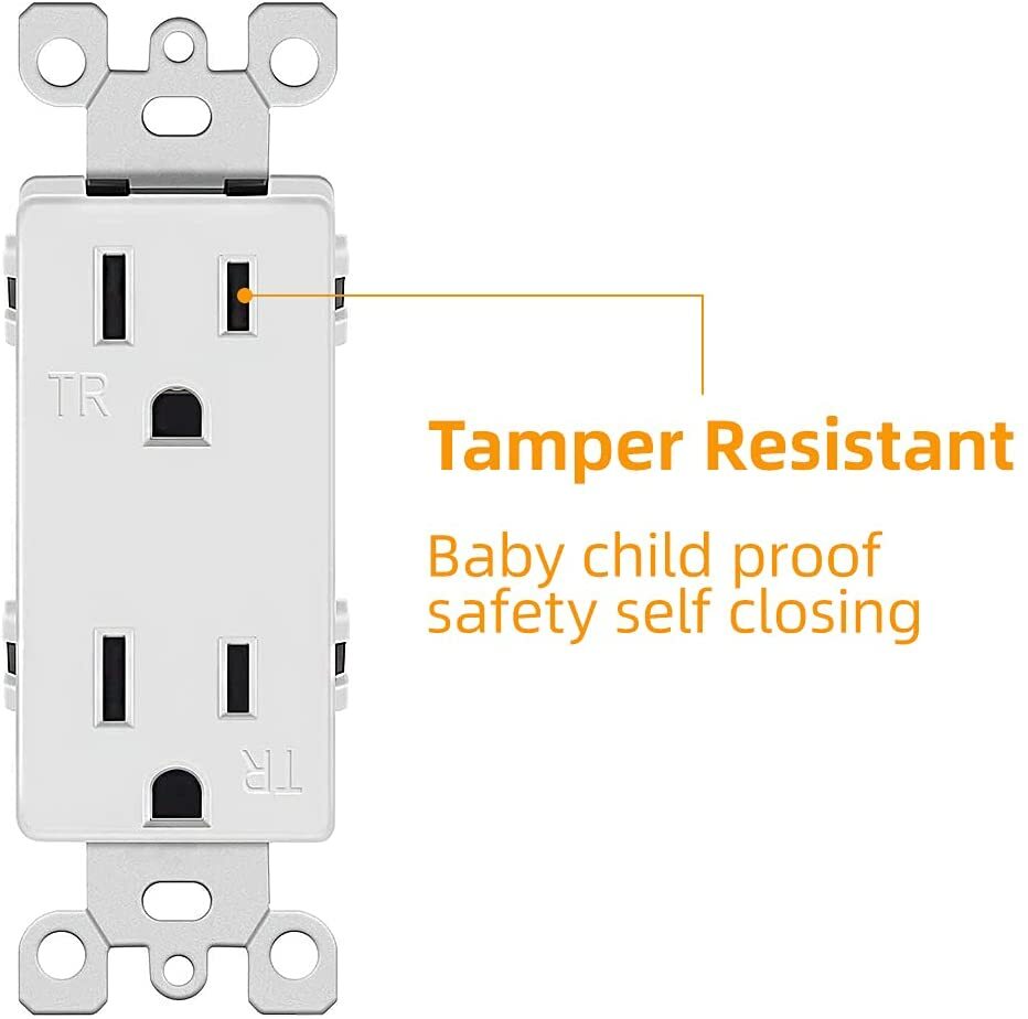 Outlet Decora Duplex Receptacle, 15 Amp, 125 Volt, Tamper Resistant White 10pack