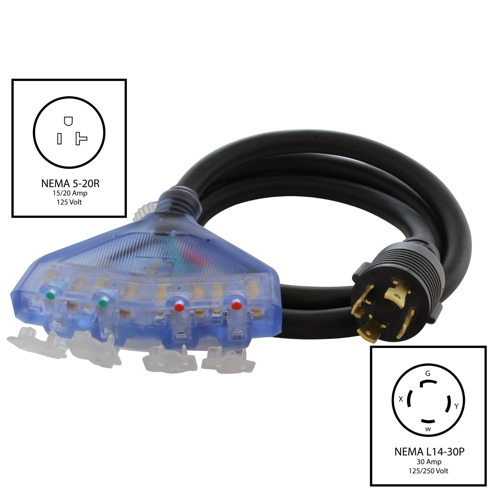5ft NEMA L14-30 Male Plug to 4 Household Outlets With Indicator Lights And Cover