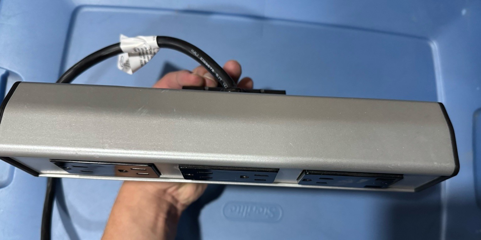 Clamp-On Desk Power Strip – 5 Outlets & 2 USB – Silver (Bus Grade Steelcase)