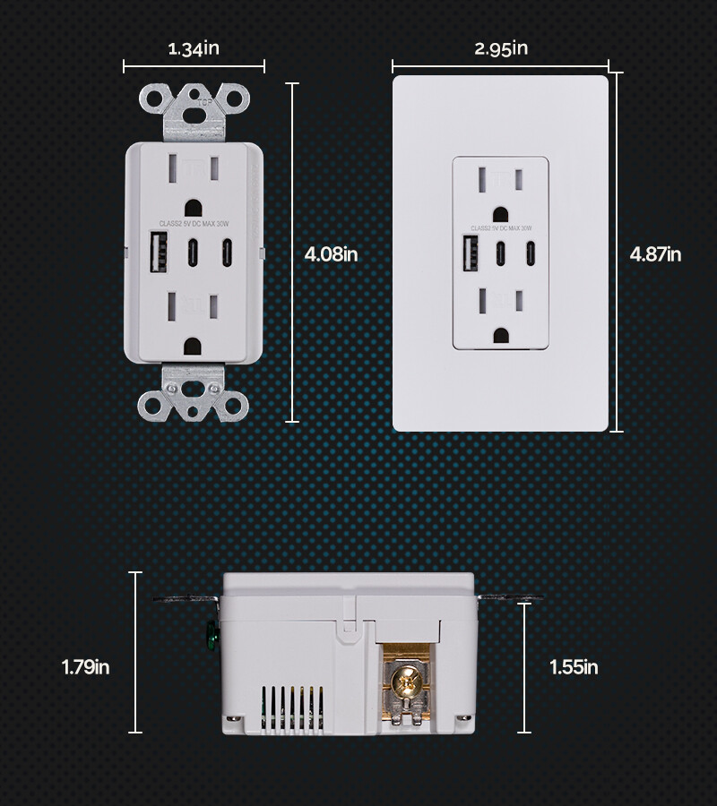 MOES Wall Electrical Outlet 2-Port Type C & 1-Port USB A Receptacle 15/20Amp 30W