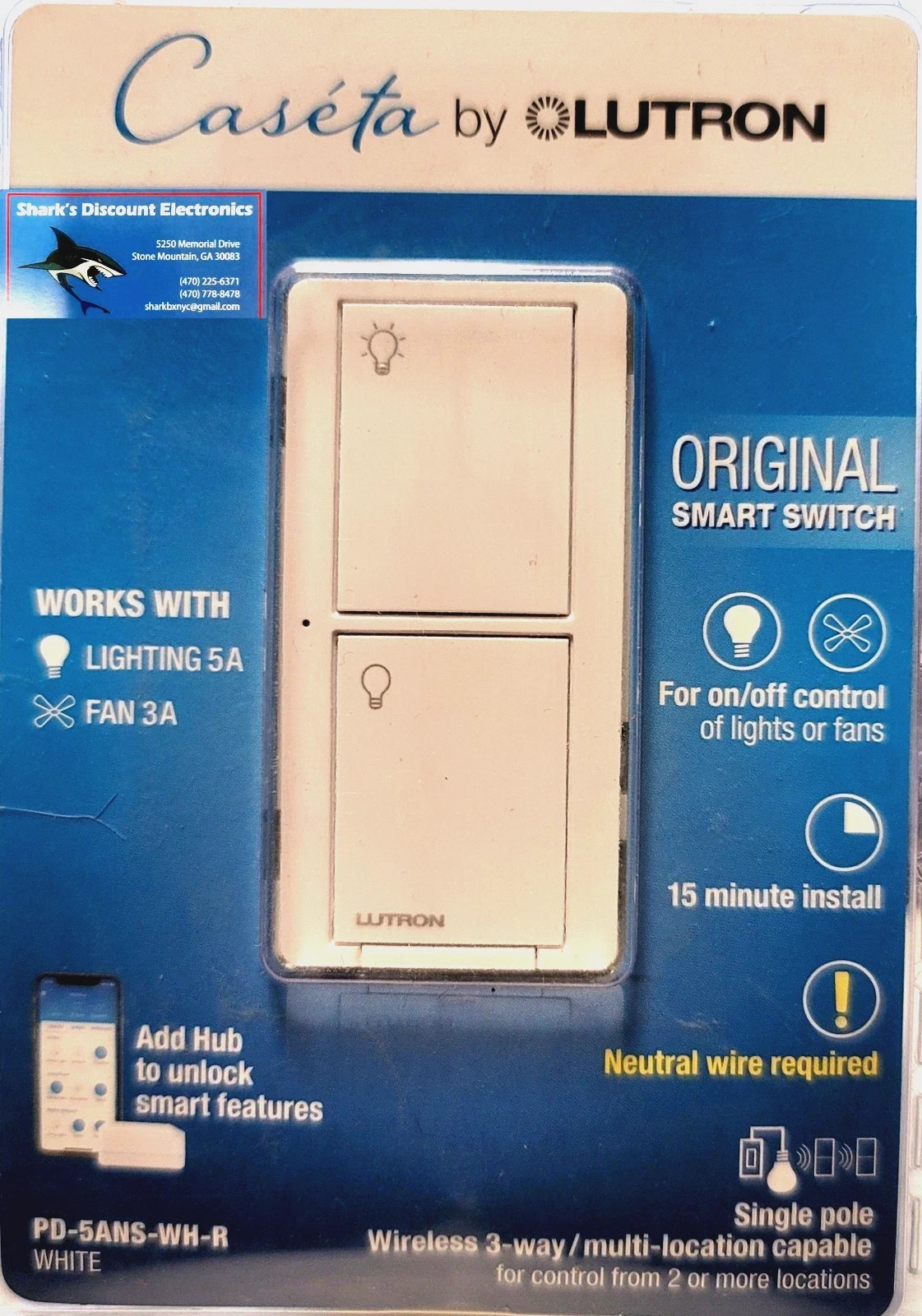 Caseta by Lutron Original Smart Switch PD-5ANS-WH-R, NEW
