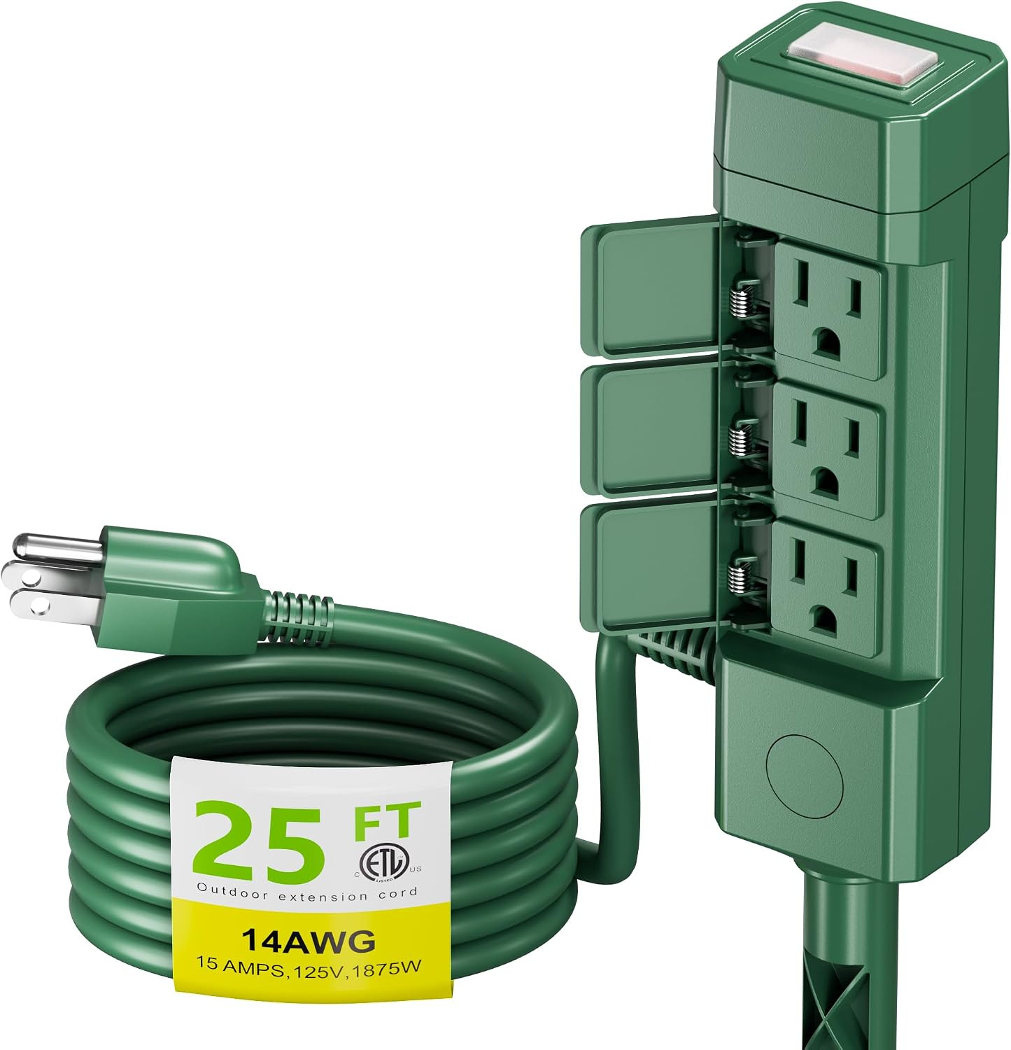 25Ft Outdoor Extension Cord Waterproof with Power Stake, 6 Outlets Power Strip W