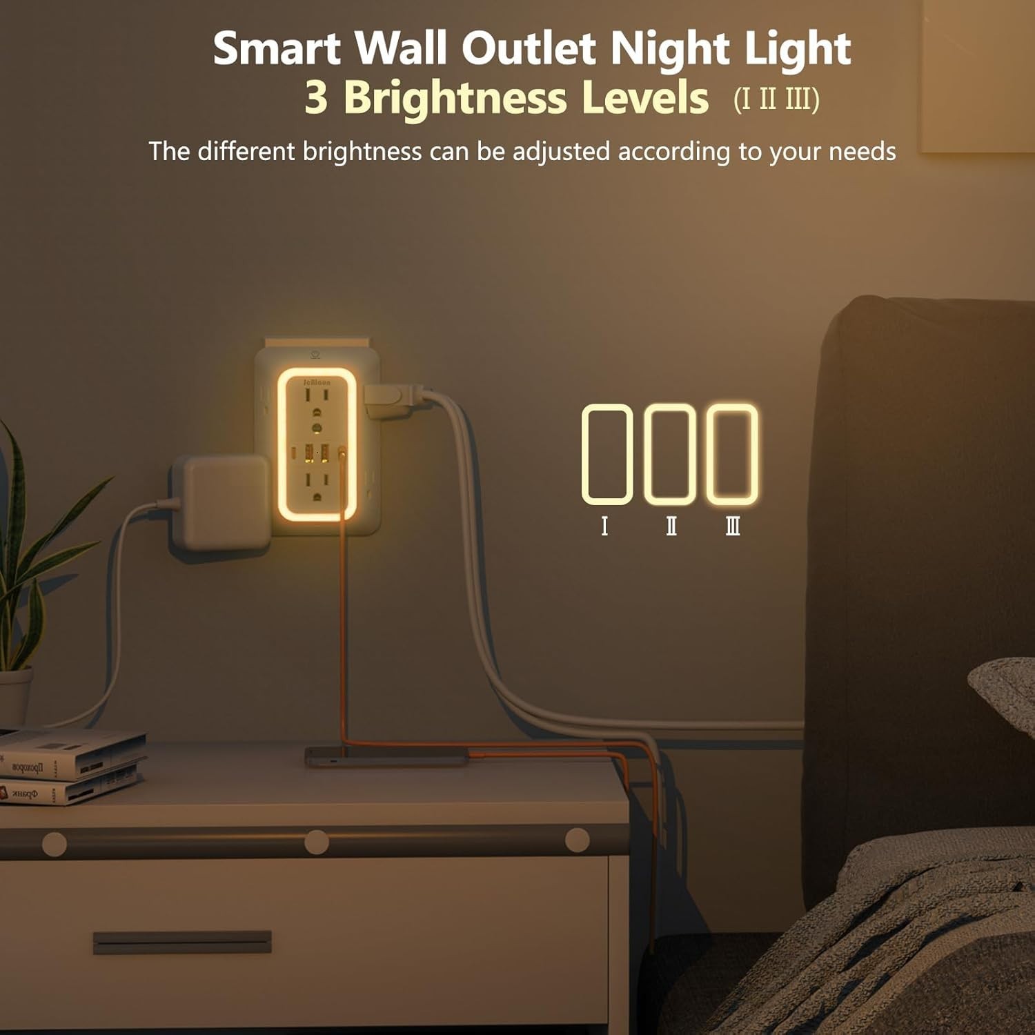 Wall Outlet Extender with Night Light, Power Plug Adapter 6 Outlet Extender with