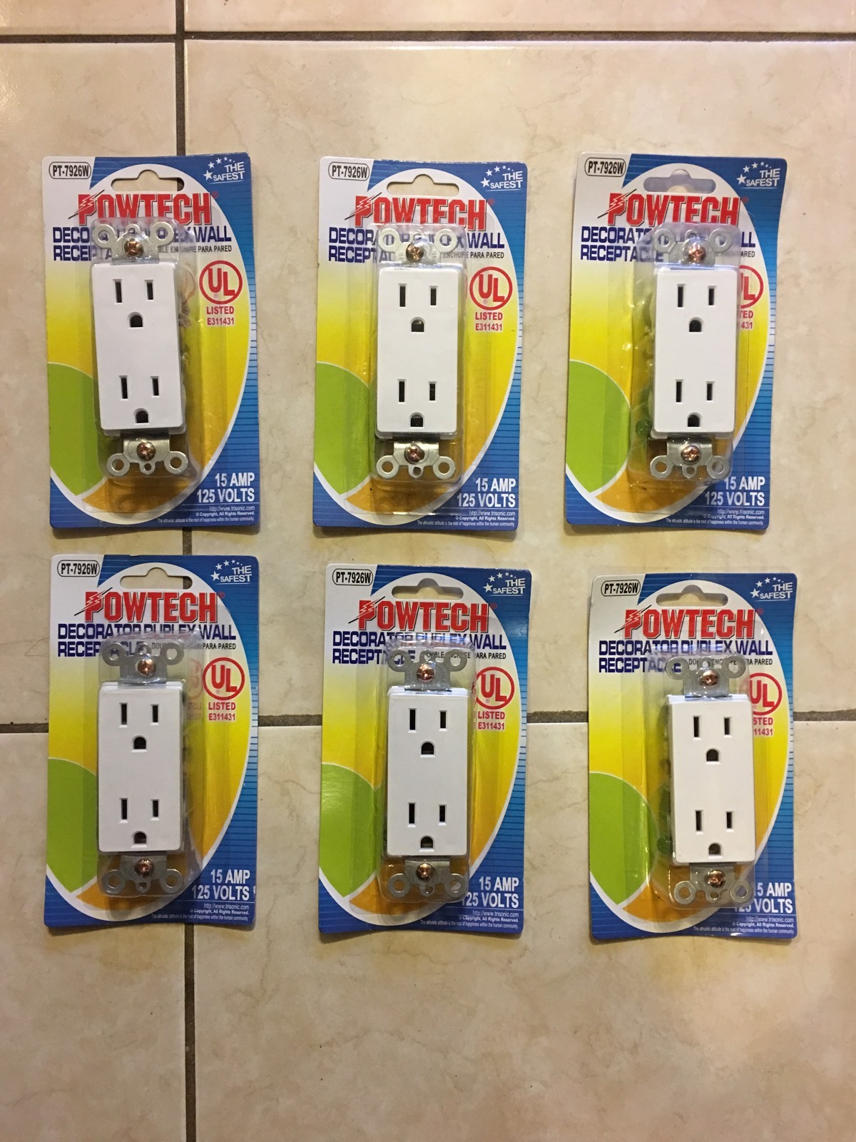 Lot Of 6 Duplex Wall Receptacles, UL Listed, 15 Amps, 125 Volts