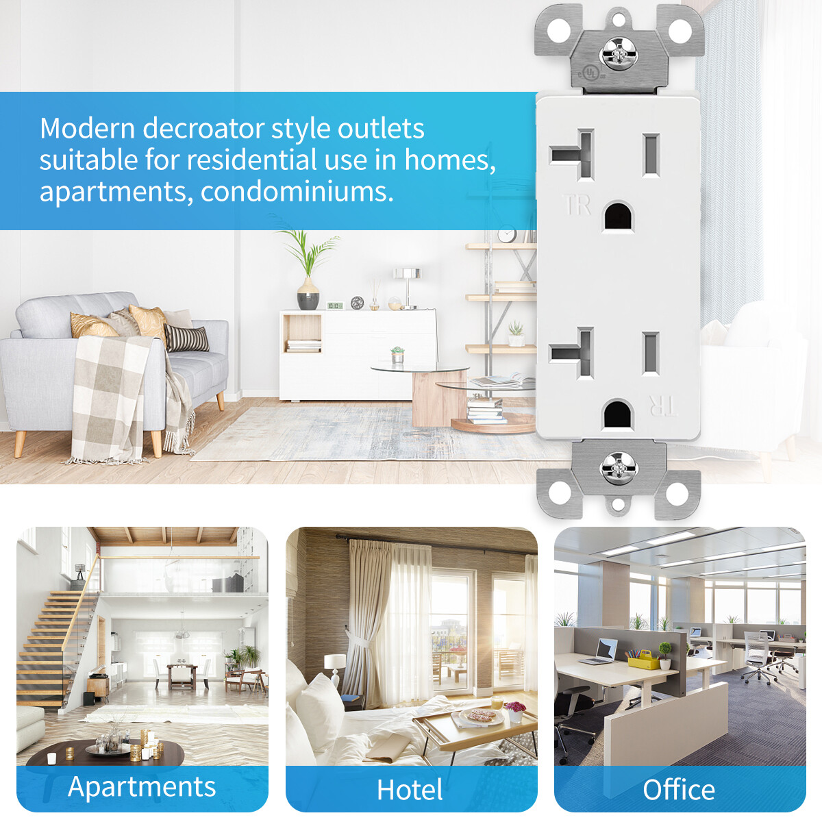 Outlet Socket, Decora Duplex Receptacle,125V Tamper Resistant, 20A outlet 10pack