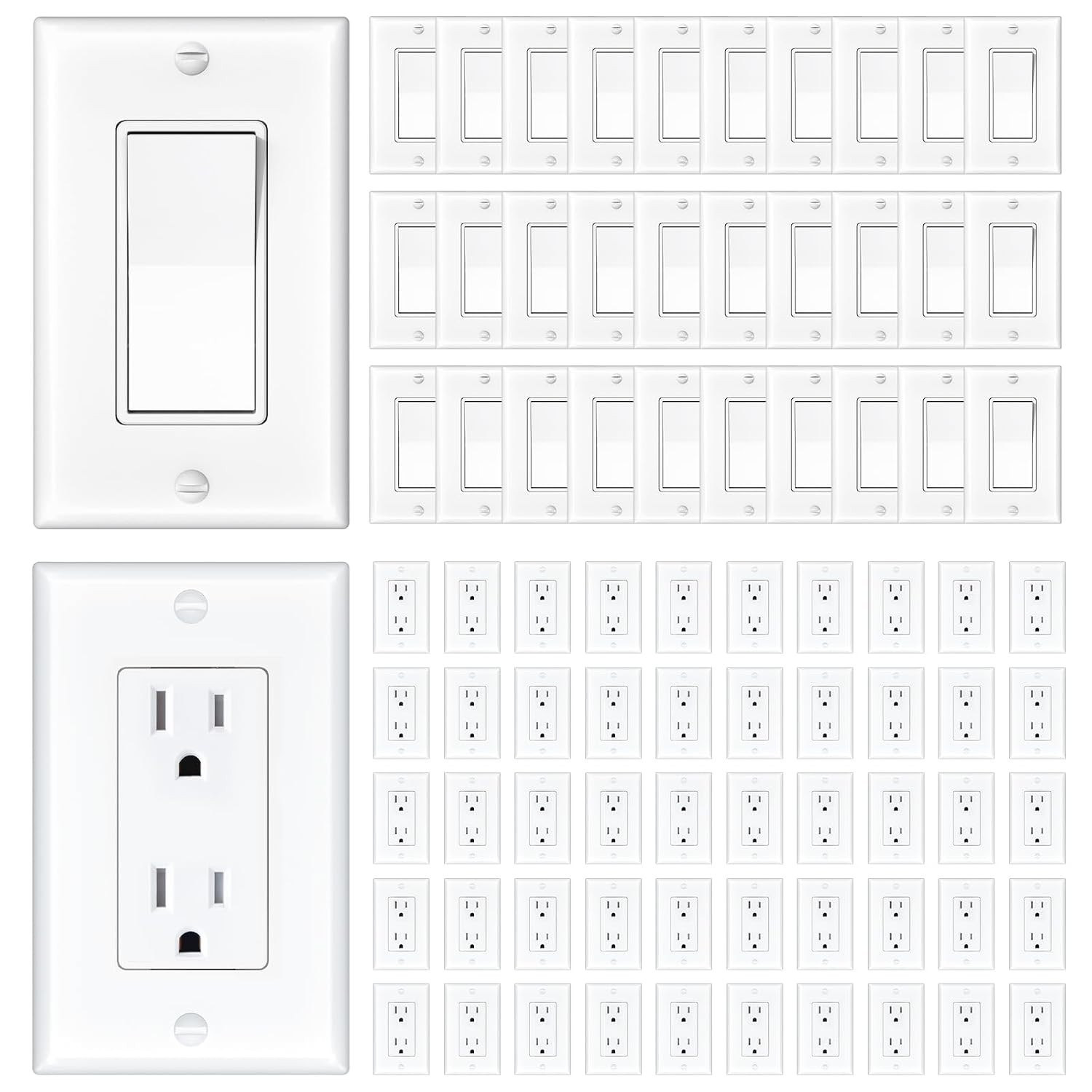 30 Pack Single Pole Decorator Light Switch with Wallplate and 50 Pack 15A