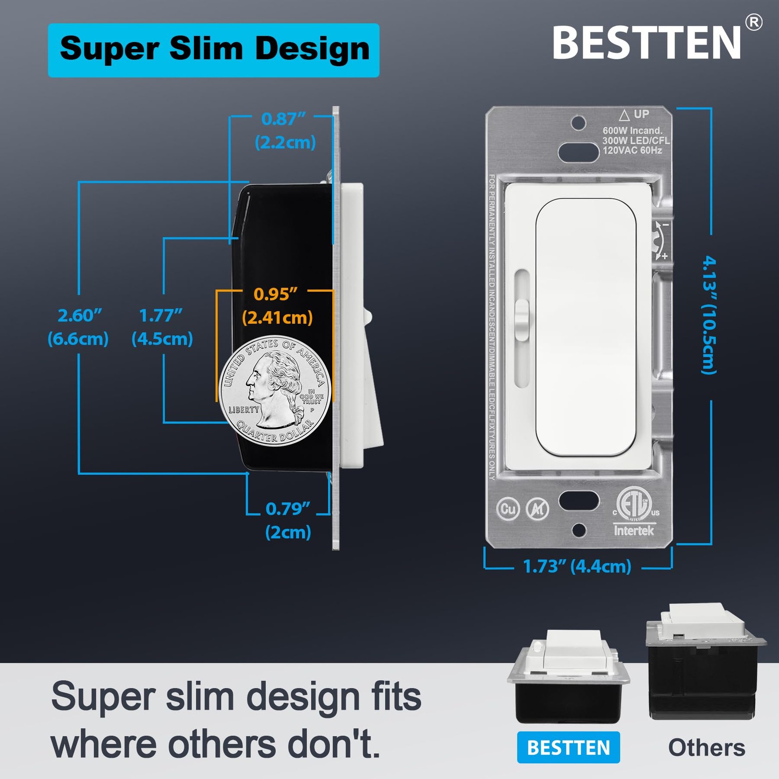 Bestten 10 Pack Super Slim Dimmer Light Switch Single Pole Or 3 Way Quiet Slide