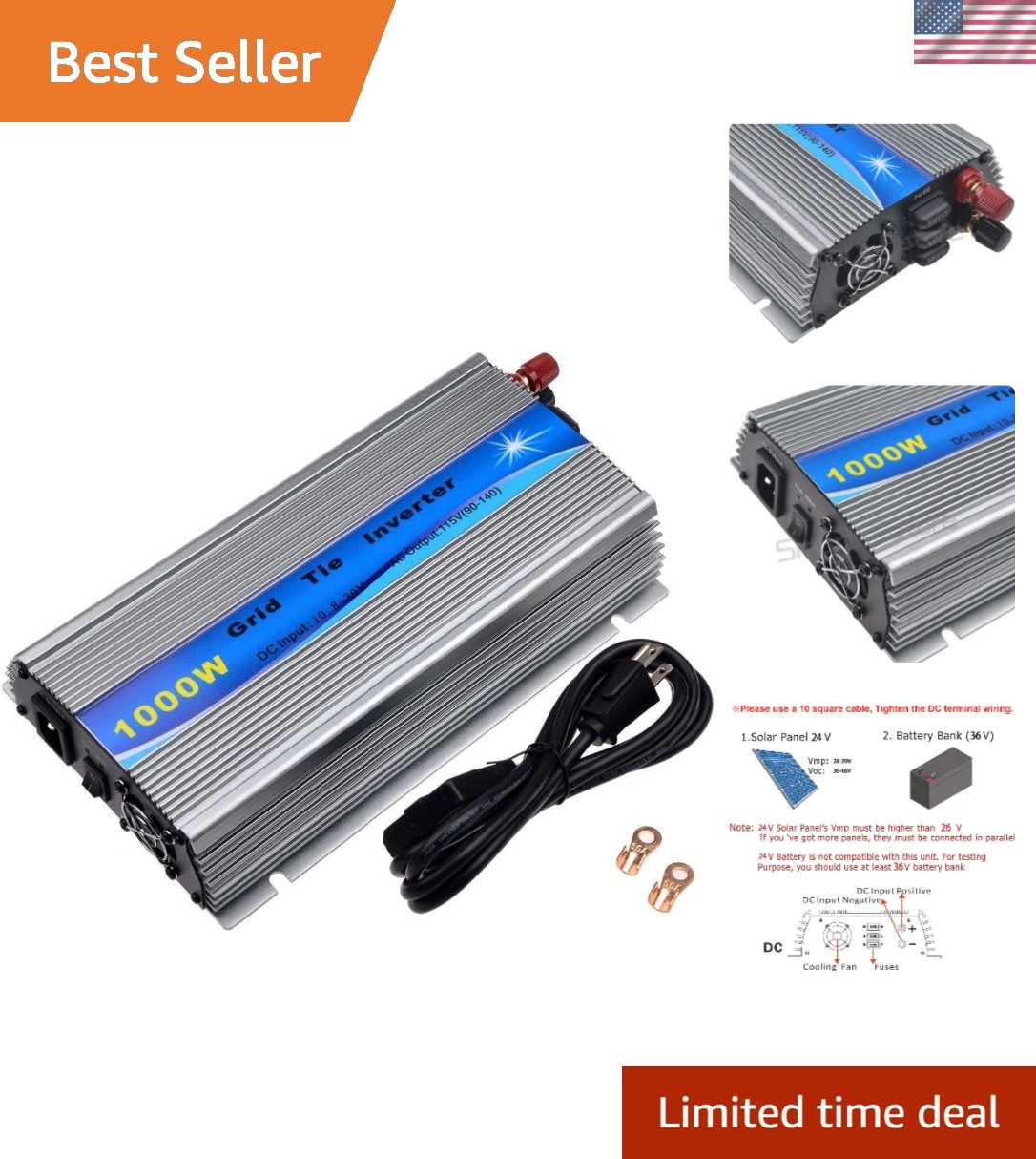 1000W Grid Tie Inverter Stackable MPPT Pure Sine Wave DC30-45V Solar Input AC…