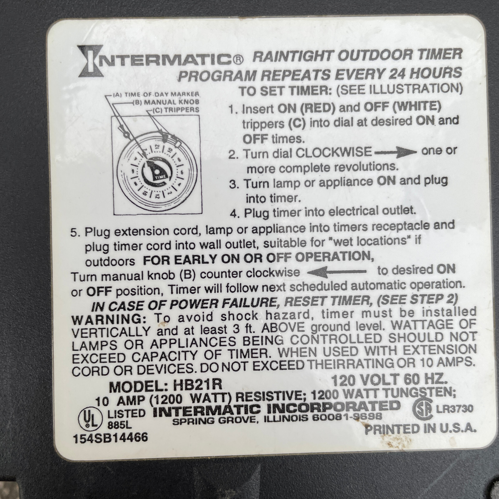 Intermatic HB21R Raintight Outdoor Timer Program Repeats Every 24 Hours Tested