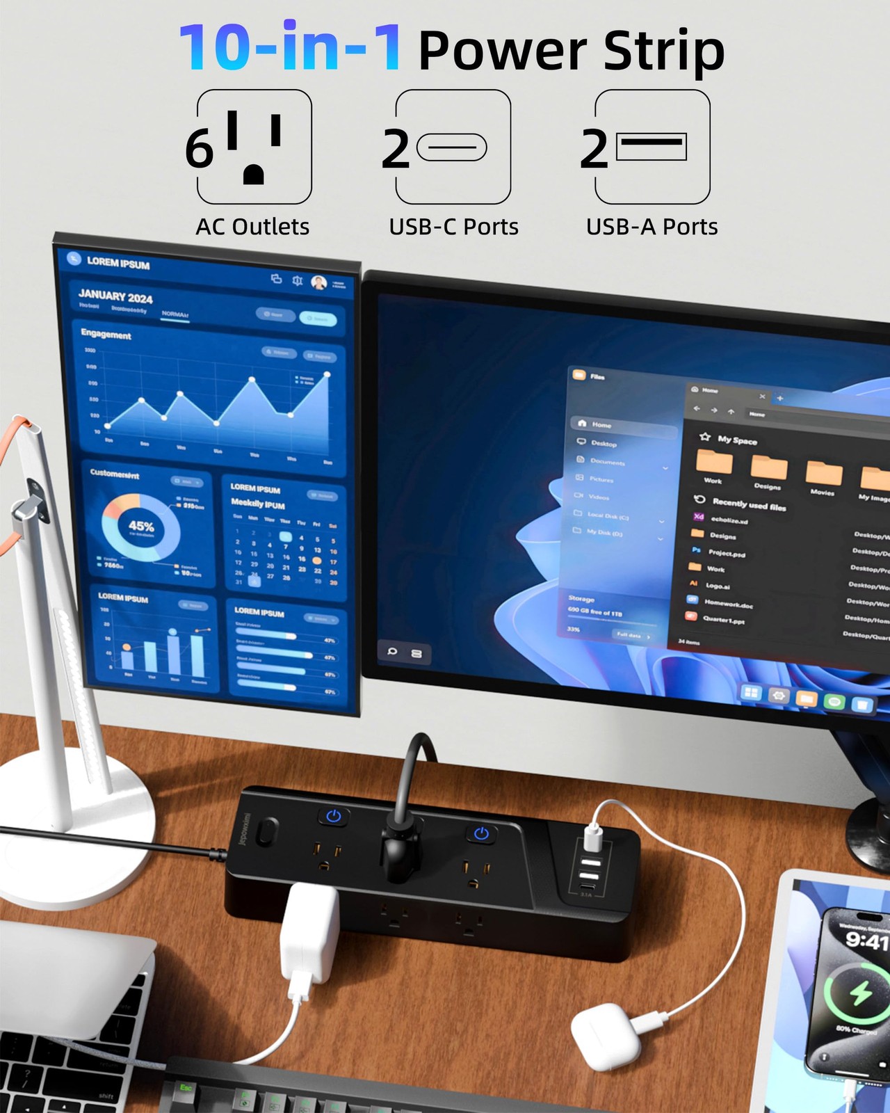 Power Strip Surge Protector with Individual Switches, 6 Widely Spaced Outlets…