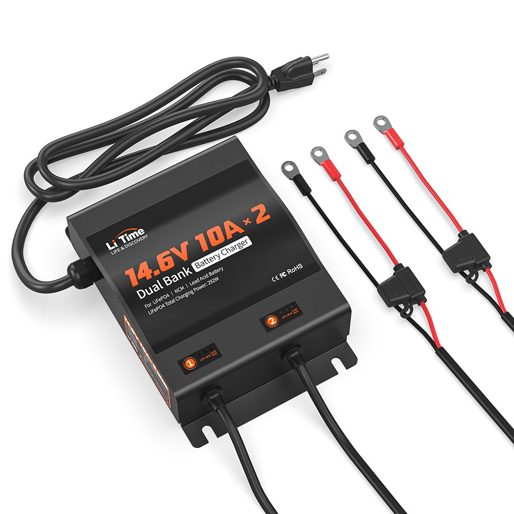 Refurbished LiTime 14.6V 10A Dual Bank Battery Charger for 12V LFP AGM GEL FLD