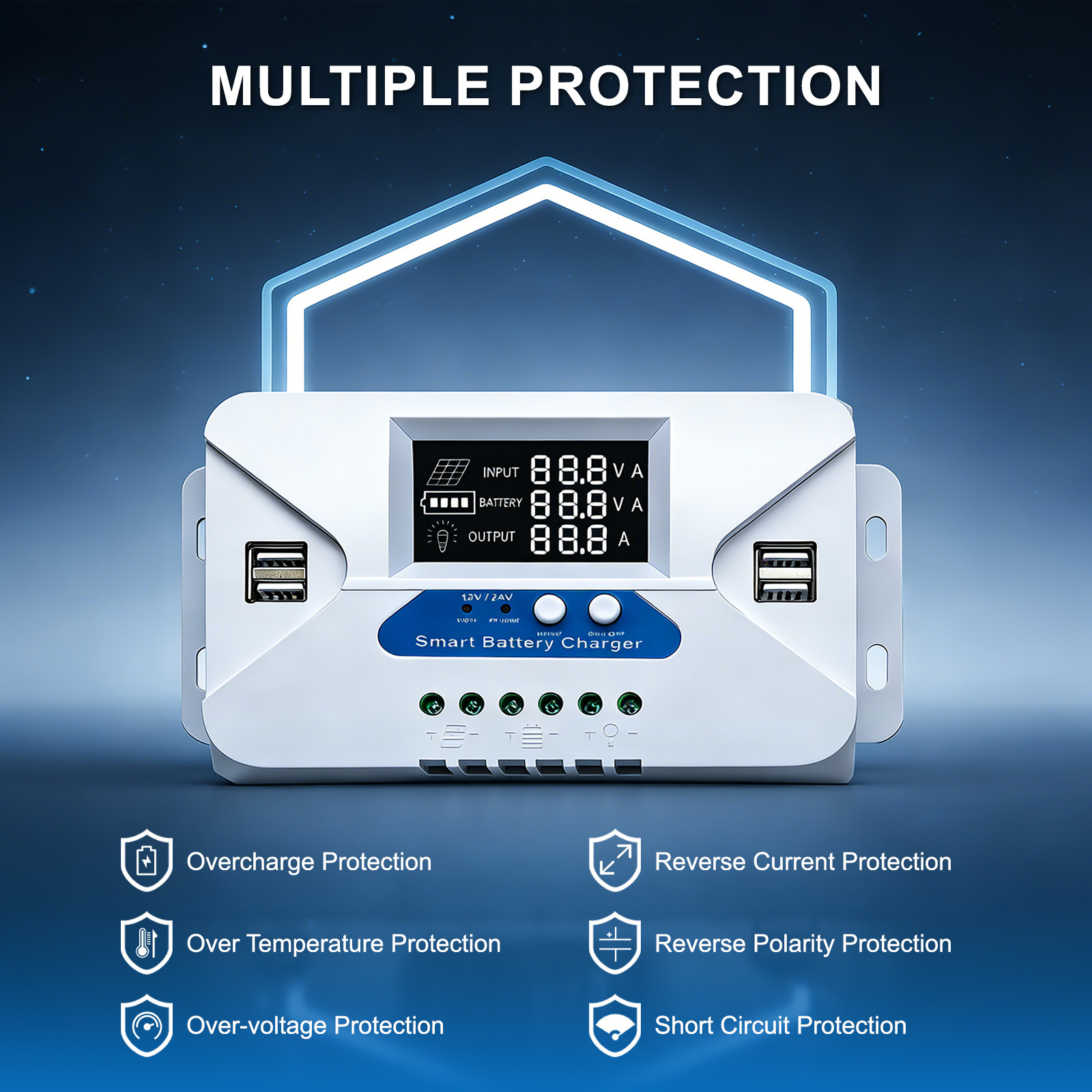 30A Solar Charge Controller 20A PWM Regulator for 12V 24V with 4 USB Ports